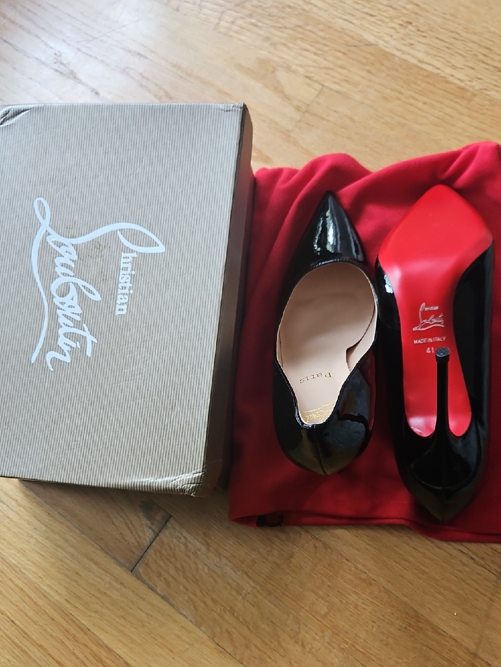 Christian Louboutin Black Patent Pointed-Toe Pumps with Red Sole